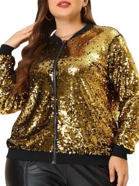 Agnes Orinda Women's Plus Size Metallic Gold Sequin Bomber Jacket 4X